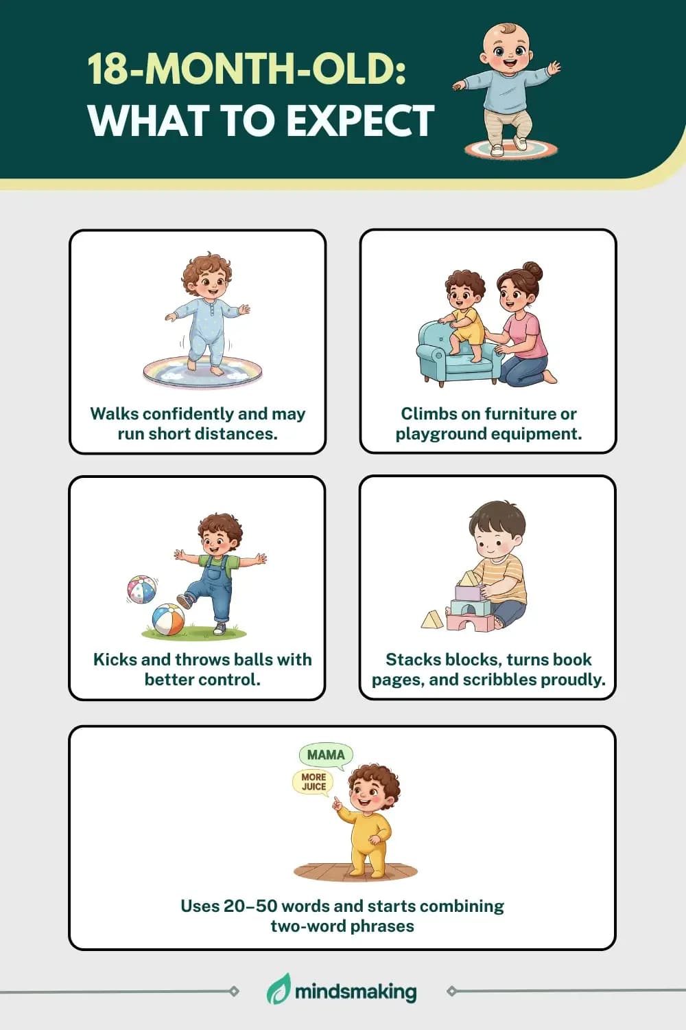 "18-month-old toddler standing and taking first independent steps, showing balance and growing confidence."