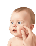 Close-up illustration of a baby demonstrating the rooting reflex, turning their head and opening their mouth in response to an adult's gentle finger touch on the cheek. Clean illustration with a white background, suitable for infant reflex and newborn feeding cues educational materials