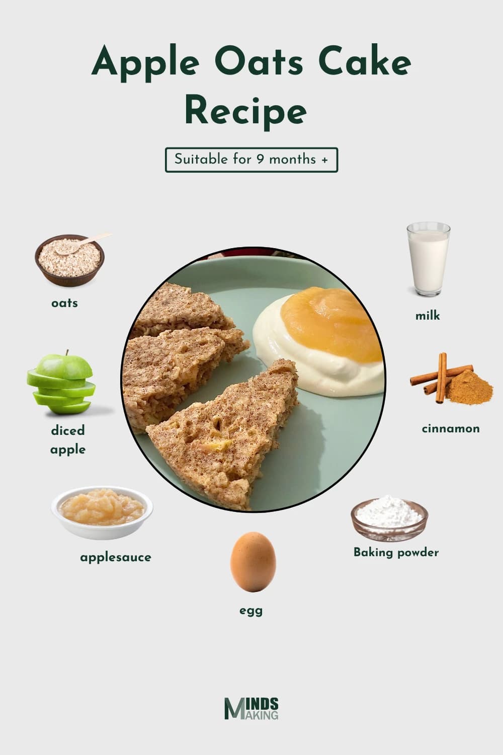 Apple Oats Cake recipe for babies 9 months and older, made with ingredients like oats, diced apple, applesauce, milk, cinnamon, egg, and baking powder. A soft, nutritious, and easy-to-make homemade baby food recipe designed by MindsMaking