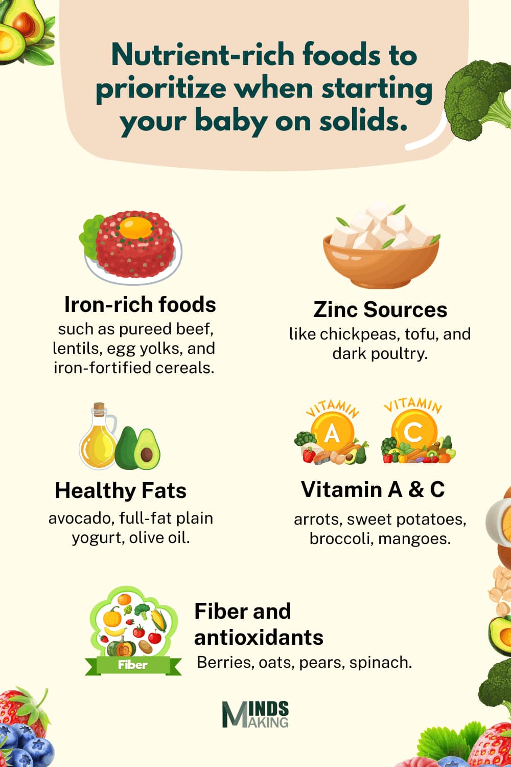 Colourful selection of nutrient-rich foods for babies starting solids, including fruits, vegetables, and grains.