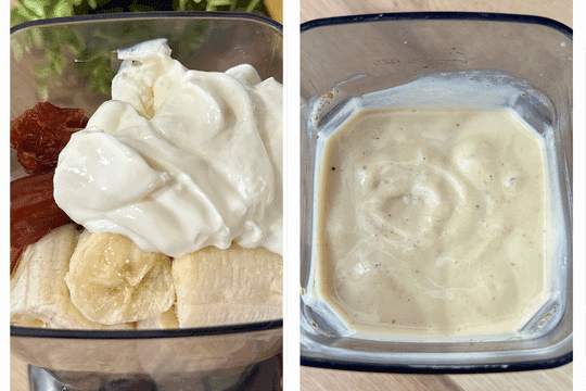 A blender filled with bananas, dates, yoghurt, and vanilla extract, being blended into a creamy smoothie-like mixture.