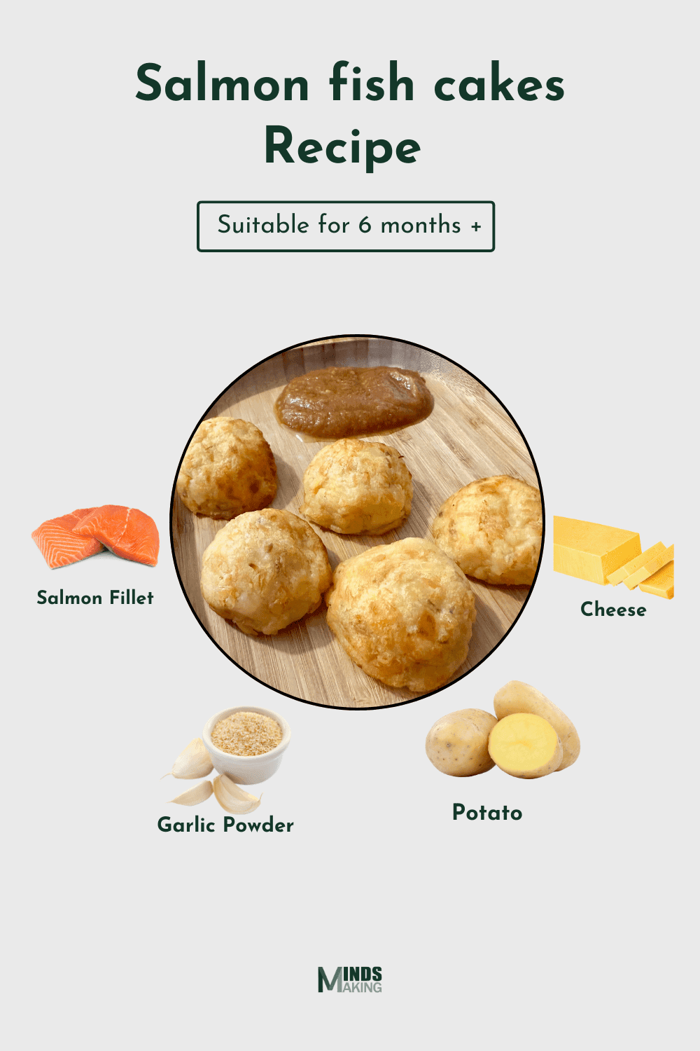 Salmon Fish Cakes recipes for babies 6 months and older, made with ingredients like: salmon fillet, cheese, potato, and garlic powder. A healthy and easy-to-make nutritious homemade baby food recipe designed by Mindsmaking.