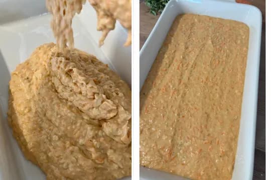 Spreading applesauce carrot cake batter evenly in a baking dish with a spatula