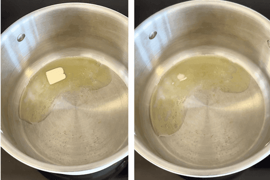 "Heat a medium pan over medium heat, then melt unsalted butter to coat the bottom evenly."