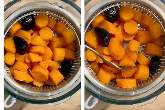 Bowl of freshly washed and peeled carrots and prunes, prepared for steaming.