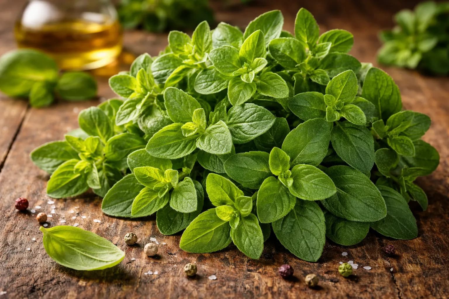 Fresh sprigs of organic oregano herbs piled on a rustic wooden surface with peppercorns, salt, and olive oil.
