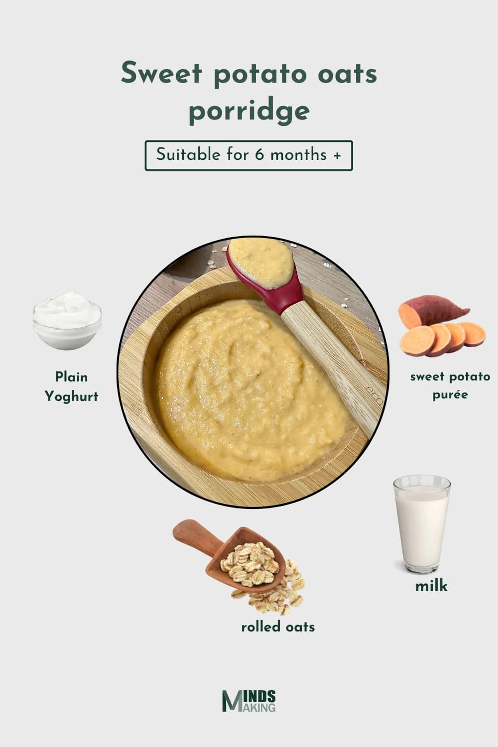 Sweet Potato Oats Porridge recipe for babies 6 months and older, made with ingredients like sweet potato purée, rolled oats, plain yoghurt, milk, and water. A wholesome and easy-to-make baby food recipe designed by MindsMaking