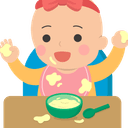 An illustration of a happy baby with a pink bib covered in yellow food, sitting at a high chair or table with a bowl and spoon. The baby is joyfully holding up both hands, which are also covered in food, suggesting self-feeding or baby-led weaning. The overall scene is messy and cheerful.