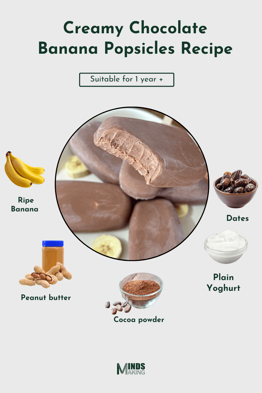 "Infographic: Creamy Chocolate Banana Popsicles Recipe suitable for 6 months+. Features a central image of bitten chocolate popsicles surrounded by ingredient photos: ripe bananas, dates, peanut butter, cocoa powder, and plain yogurt. Ideal for healthy baby food or kid-friendly frozen treats."