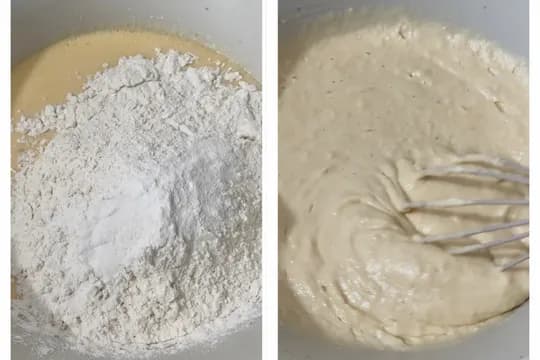 Preheating oven and mixing wet ingredients—applesauce, eggs, yogurt, milk, and melted butter—for blueberry sheet-pan pancakes, a healthy family breakfast.