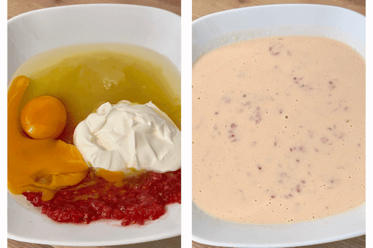 Mixing applesauce, mashed raspberries, eggs, and plain yogurt in a bowl to prepare a festive Christmas pancake batter.