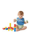 Flat illustration of a curious baby with dark skin and hair, sitting and intently reaching for a colorful toy block. This image represents the development of hand-eye coordination, fine motor skills, and cognitive focus in infants.