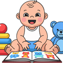 Vector illustration of a very happy, smiling baby with light skin, rosy cheeks, and minimal hair, sitting down and looking up from a colorful picture book. The open book displays illustrations of cartoon animals. A stackable ring toy is on the left, and a blue teddy bear is on the right. This image represents early reading, cognitive development, and playtime.