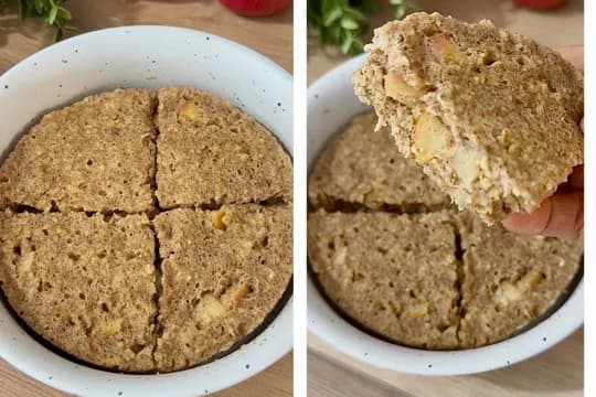 "Healthy microwave apple oat cake sliced into quarters in a white bowl, with a close-up showing the moist, fluffy texture and apple chunks inside."