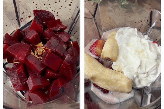 "Chopped beetroot, frozen banana, frozen strawberries, Greek yogurt, and milk placed in a high-powered blender, ready to be blended into a smoothie."