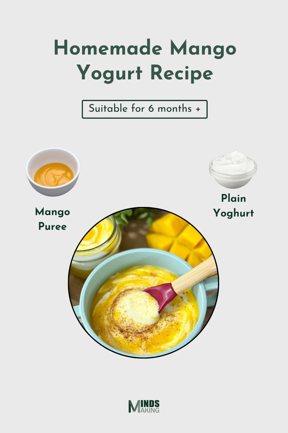 Mango yogurt recipe for babies (6 months+), ingredients: mango puree, plain yogurt.
