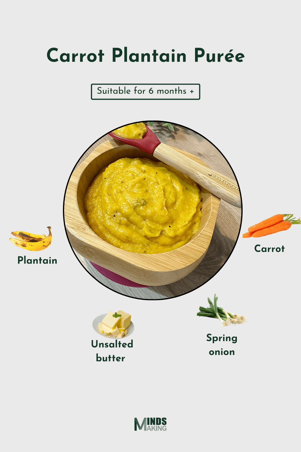 Fresh ingredients for carrot plantain purée displayed on a clean surface: chopped carrots, ripe plantain pieces, spring onions, a small bowl of water, and a spoonful of unsalted butter—ready for a nutritious homemade baby food blend.
