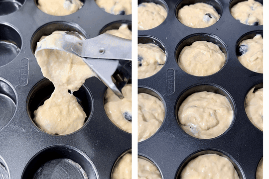 Blueberry batter being scooped into a mini muffin tin, perfect for baby-led weaning snacks or healthy toddler finger foods.