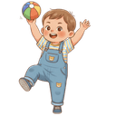 A cute toddler trying to kick a colorful ball against a white background, showing playful effort and improving coordination.