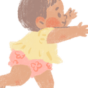 A grainy, textured, pastel-style illustration of a toddler or baby with brown hair, rosy cheeks, and light skin tones. The child is wearing a ruffled light yellow top and pink diaper cover or shorts with a floral pattern.