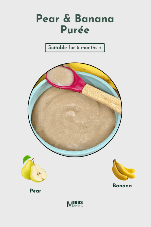 Pear and banana purée in a light blue bowl with a spoon, labeled "Suitable for 6 months +" with illustrations of pear and banana beneath the image