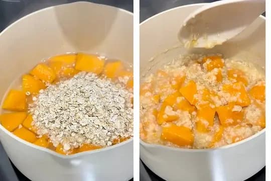 Adding rolled oats to cooked sweet potatoes in a saucepan to make thick baby porridge.