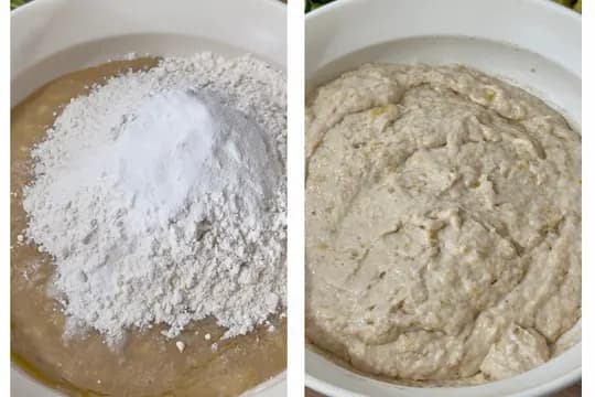 "Flour and baking powder being added to mashed banana mixture in a bowl, creating thick batter for eggless banana muffins."