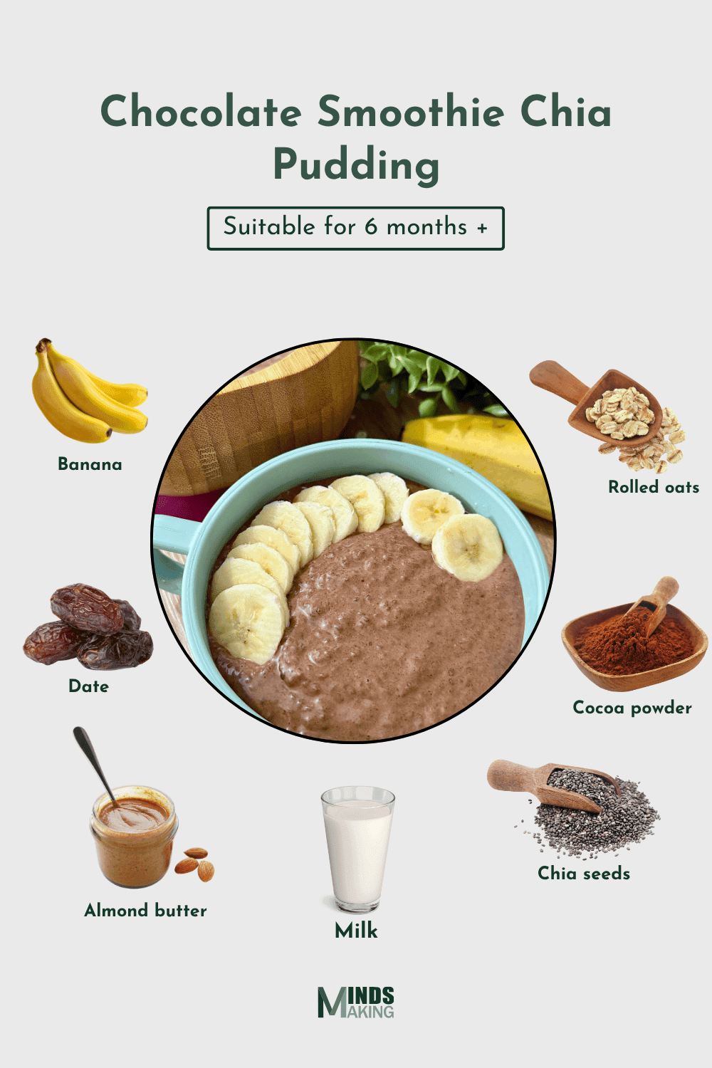 Chocolate smoothie chia pudding recipe for babies 6 months and older – made with banana, dates, almond butter, rolled oats, cocoa powder, chia seeds, and milk