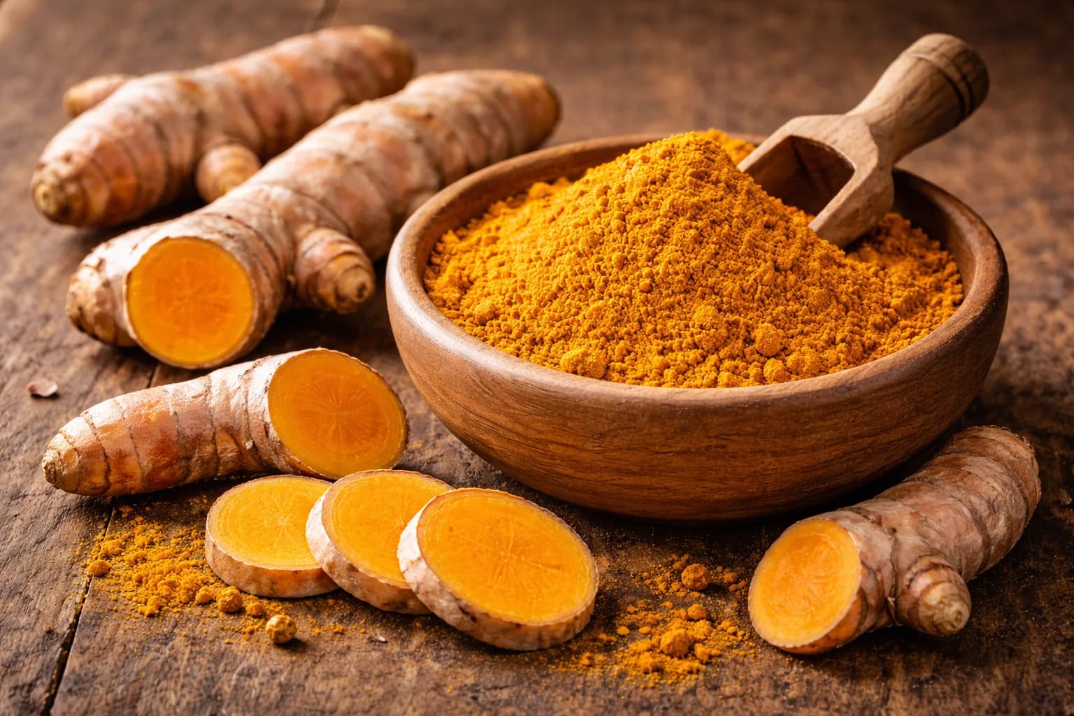 Vibrant orange turmeric powder in a wooden bowl with a scoop, surrounded by fresh sliced turmeric roots on a rustic table.