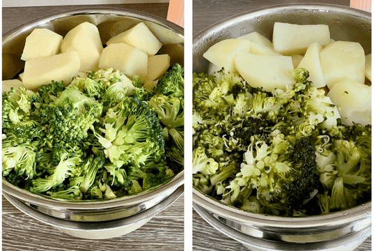 Freshly chopped potatoes and broccoli florets placed in a steamer basket before and after steaming. Vegetables are steamed until tender for 15–20 minutes, perfect for baby-led weaning and homemade baby food recipes.