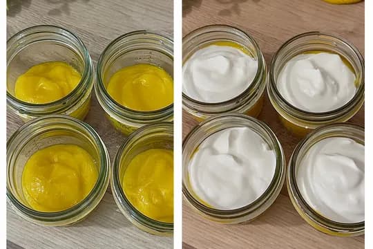 Step-by-step mango yogurt recipe: Jars filled with vibrant yellow mango puree on the left, and the same jars topped with creamy white plain yogurt on the right, ready for blending.