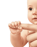 Close-up illustration of an adorable baby demonstrating the palmar grasp reflex by gently grabbing an adult's finger with a small hand. Clean illustration with a white background, suitable for baby development and infant reflex educational material."