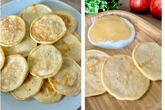 A stack of golden-brown applesauce pancakes topped with fresh apple slices and a drizzle of maple syrup. These soft and fluffy pancakes are naturally sweetened with applesauce, making them a healthy and tasty breakfast option.