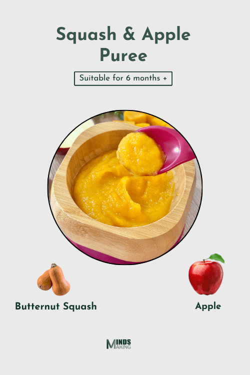 Illustrated recipe card for Squash and Apple Puree, suitable for babies 6 months and older. Features a bowl of bright orange puree with a spoon, alongside images of butternut squash and apple as key ingredients.