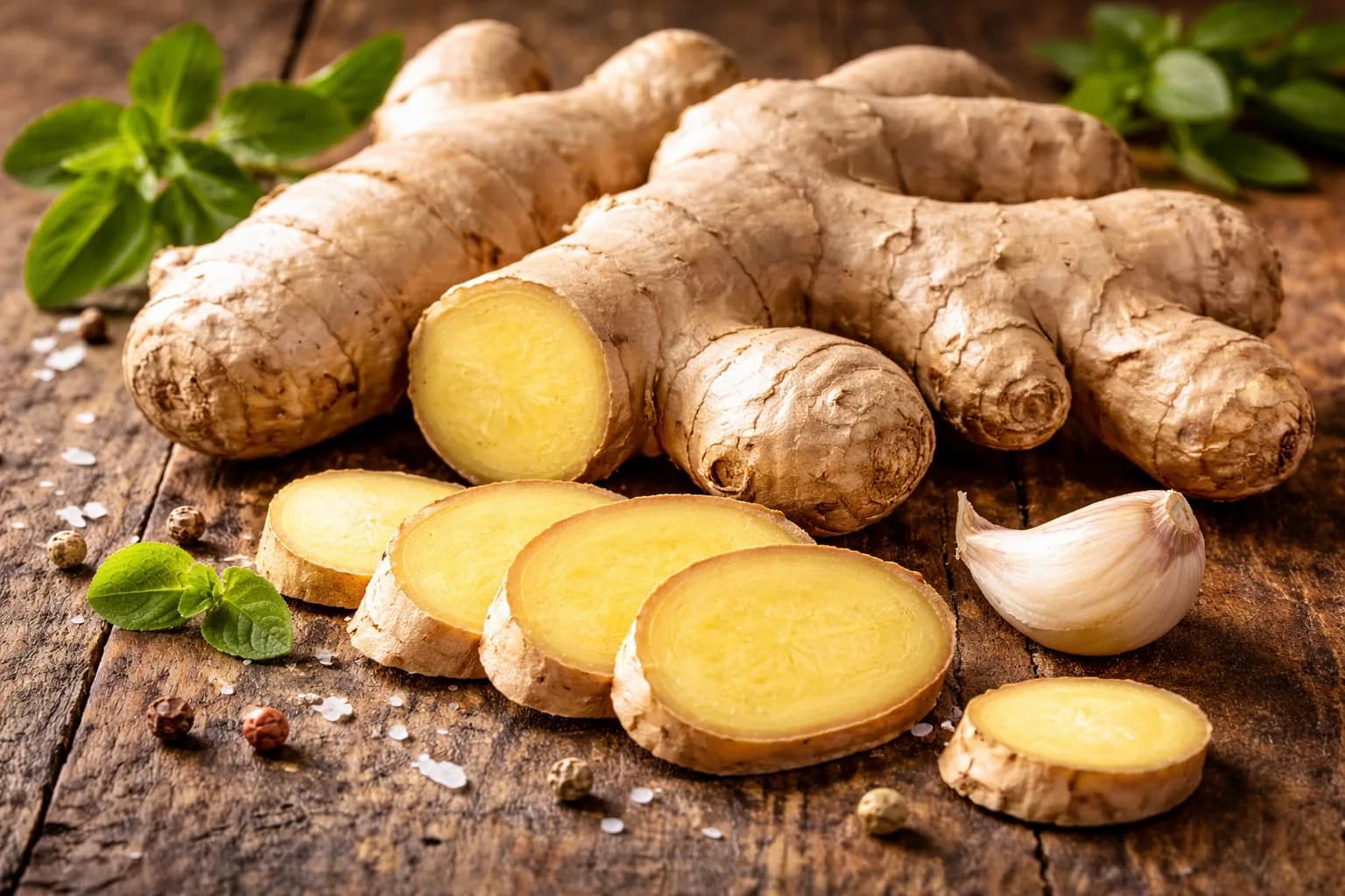 Slices of fresh organic ginger root and whole ginger rhizome on a wood surface, used as a powerful spice for cooking and wellness.
