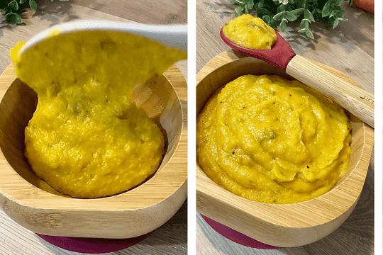 Finished carrot plantain purée in a small baby bowl with a spoon, cooling on the counter; additional purée stored in baby-safe containers and ice cube trays in the background.