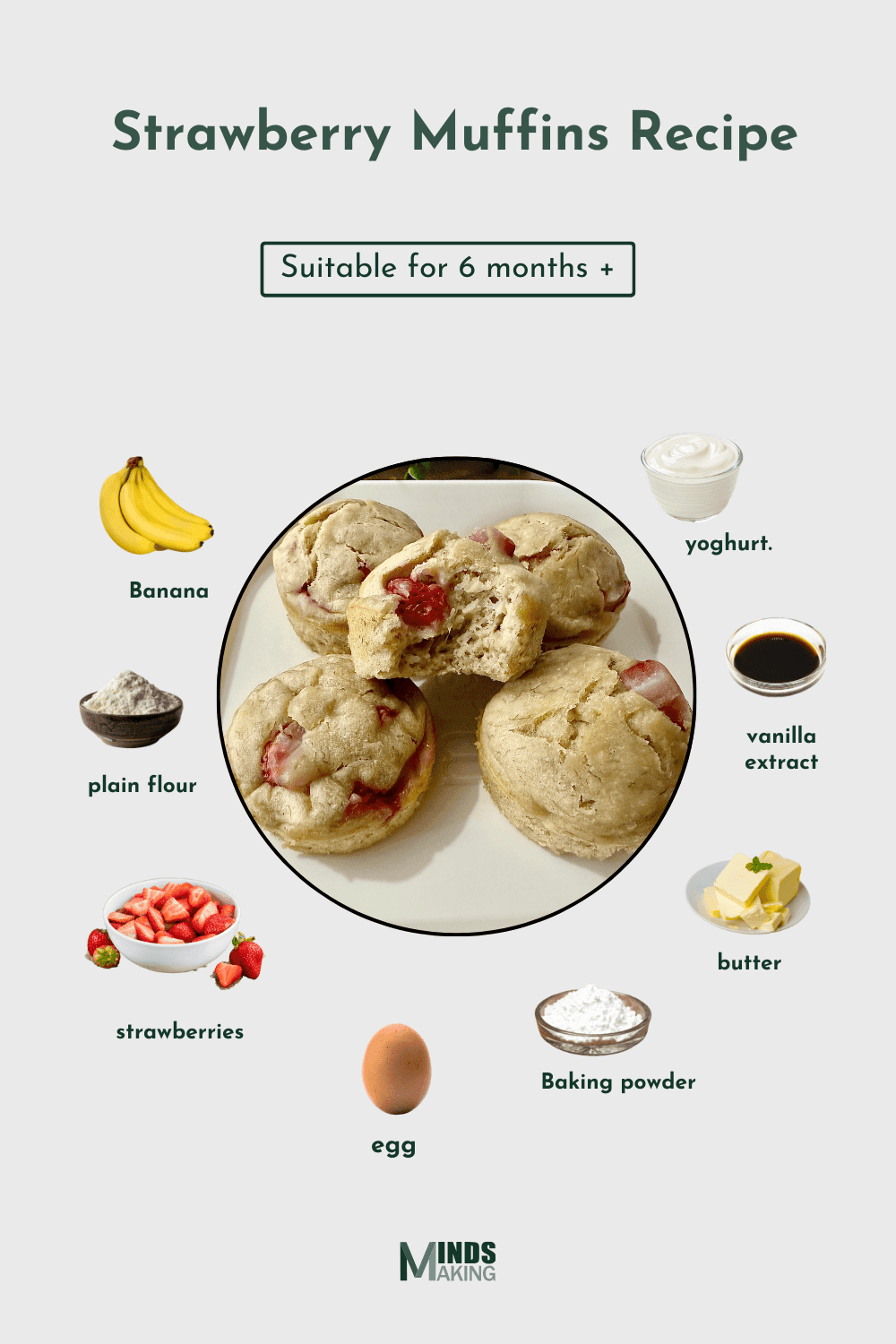 Freshly baked strawberry muffins displayed on a cooling rack, with pieces of fresh strawberries inside and on top, perfect for a sweet and fruity homemade treat.