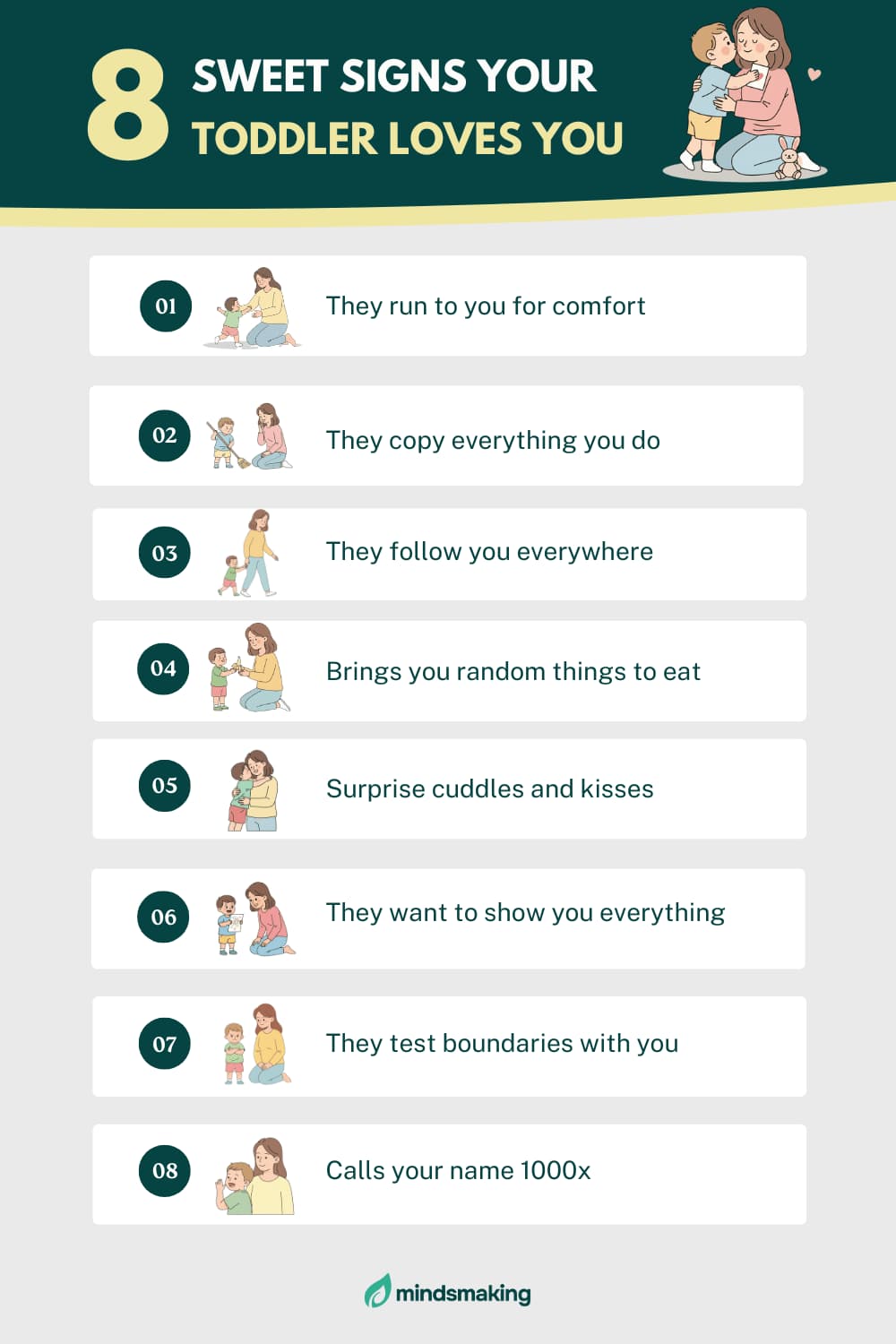 Infographic detailing the "8 Sweet Signs Your Toddler Loves You." The visual guide highlights common toddler behavior and emotional development milestones, including running to the parent for comfort, copying actions, following everywhere, bringing gifts, giving surprise kisses and cuddles, and testing boundaries. This image supports content on parenting tips, toddler affection, and child attachment.