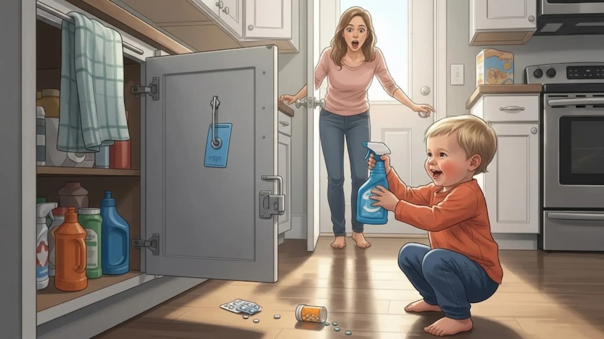 Mother reacting to a toddler playing with cleaning supplies and pills from an open cabinet in a kitchen.