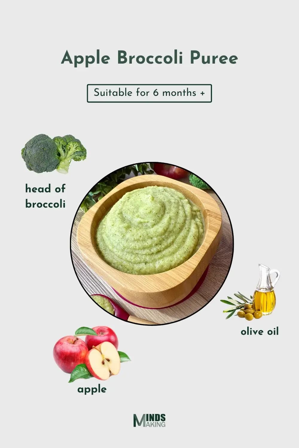 Apple Broccoli Puree recipe for babies 6 months and older, made with ingredients like: head of broccoli, olive oil, and apple. A healthy and easy-to-make nutritious homemade baby food recipe designed by Mindsmaking