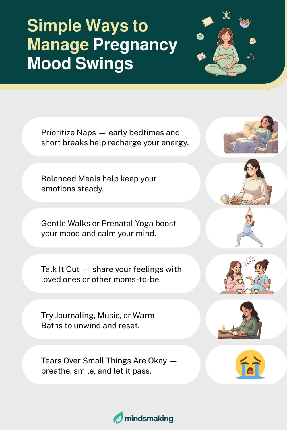 Infographic: Simple Ways to Manage Pregnancy Mood Swings, listing tips like Prioritize Naps, Balanced Meals, Gentle Walks, Talk It Out, Journaling, and accepting that Tears Over Small Things Are Okay.