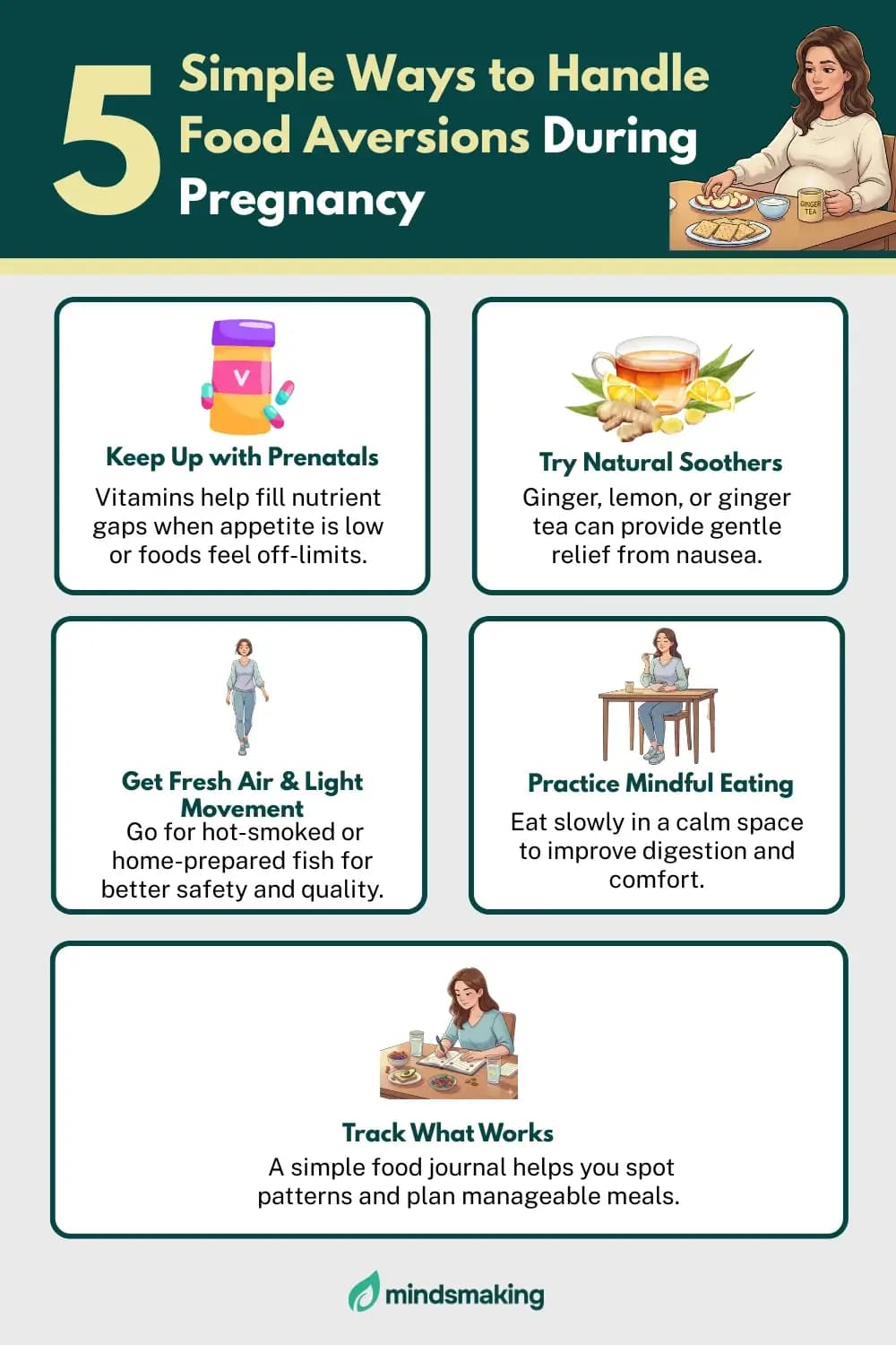 Graphic highlighting five helpful ways to reduce food aversion during pregnancy, featuring icons for small frequent meals, bland foods, hydration, fresh air, and listening to your body.