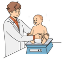 Pediatrician measuring a baby’s weight during a 3-month checkup, monitoring growth and developmental milestones.