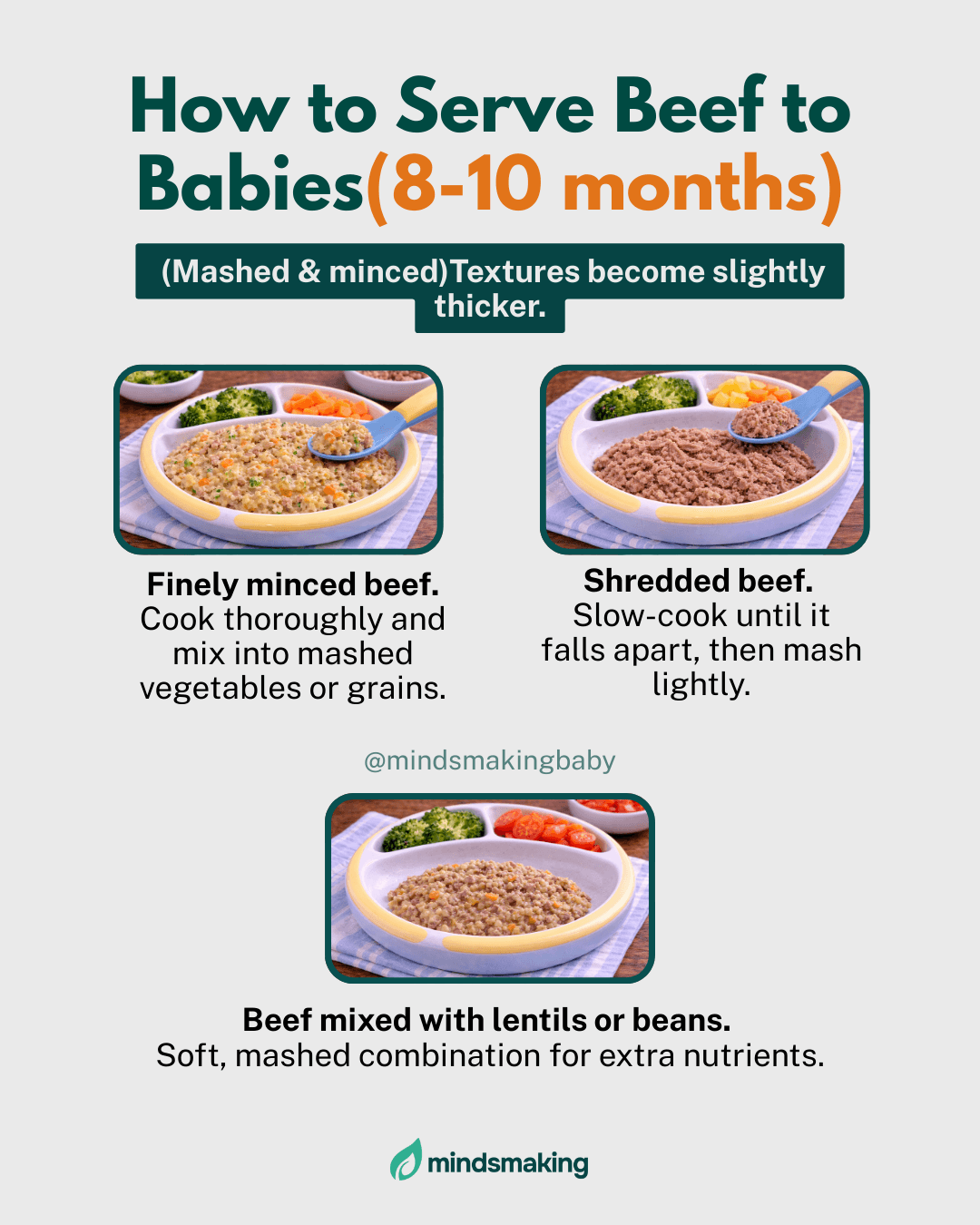 Infographic showing the best cooking methods for beef for babies, including steaming, boiling, and slow-cooking, with age-appropriate textures.