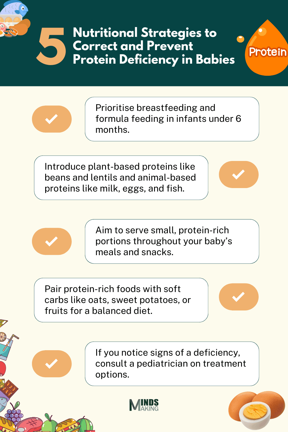 An infographic listing five nutritional strategies to prevent protein deficiency in babies, including breastfeeding, introducing plant- and animal-based proteins, offering small protein-rich portions, pairing proteins with soft carbs, and consulting a pediatrician for signs of deficiency. Includes playful baby-themed illustrations and a protein drop icon.