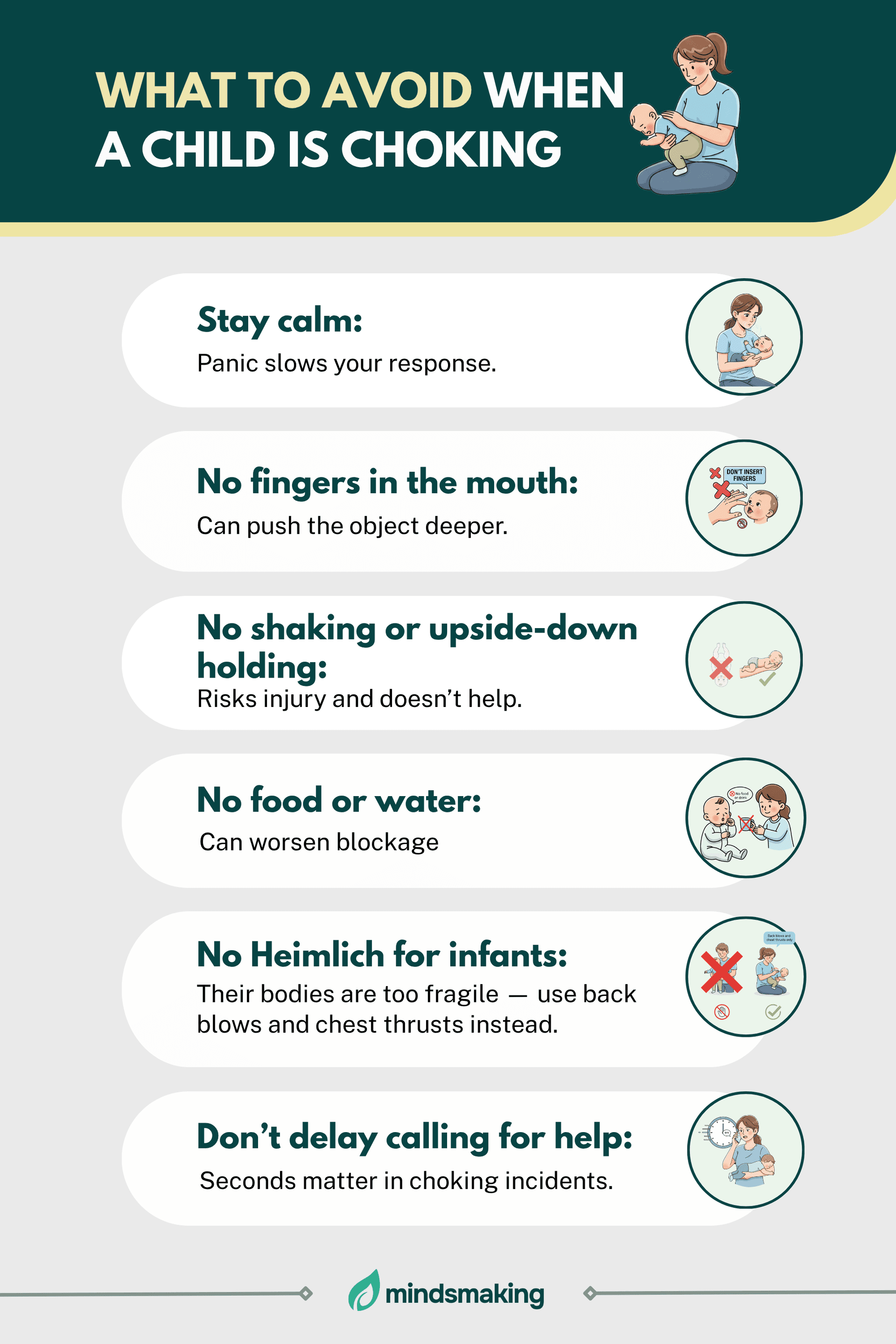 An illustrated first aid guide listing what to avoid when a child is choking, including not panicking, avoiding fingers in the mouth, shaking, or giving food or water.