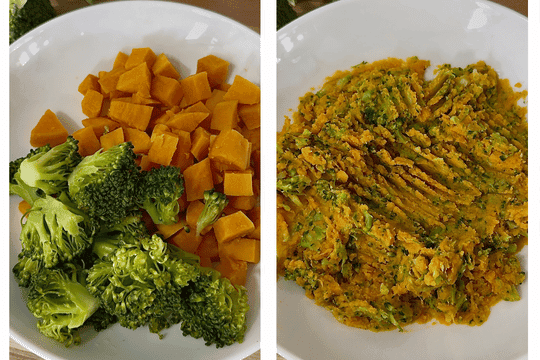 "Cooked sweet potatoes and broccoli being mashed together in a large mixing bowl with a fork — creating a soft, textured vegetable base for fritters."