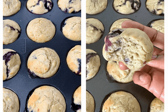 Freshly baked blueberry banana muffins just out of the oven, golden brown and perfect for healthy toddler snacks or baby-led weaning breakfast ideas.