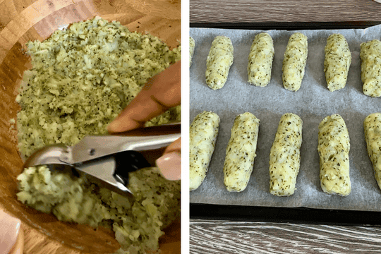 Scooping and shaping potato broccoli mixture into tots and placing them on a lined baking sheet, ready for baking as a nutritious toddler-friendly snack.