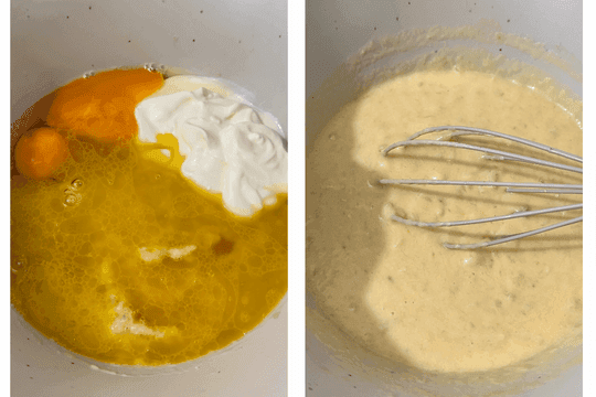 Mixing mashed bananas, yoghurt, eggs, and melted butter in a bowl to create a smooth and moist muffin batter.